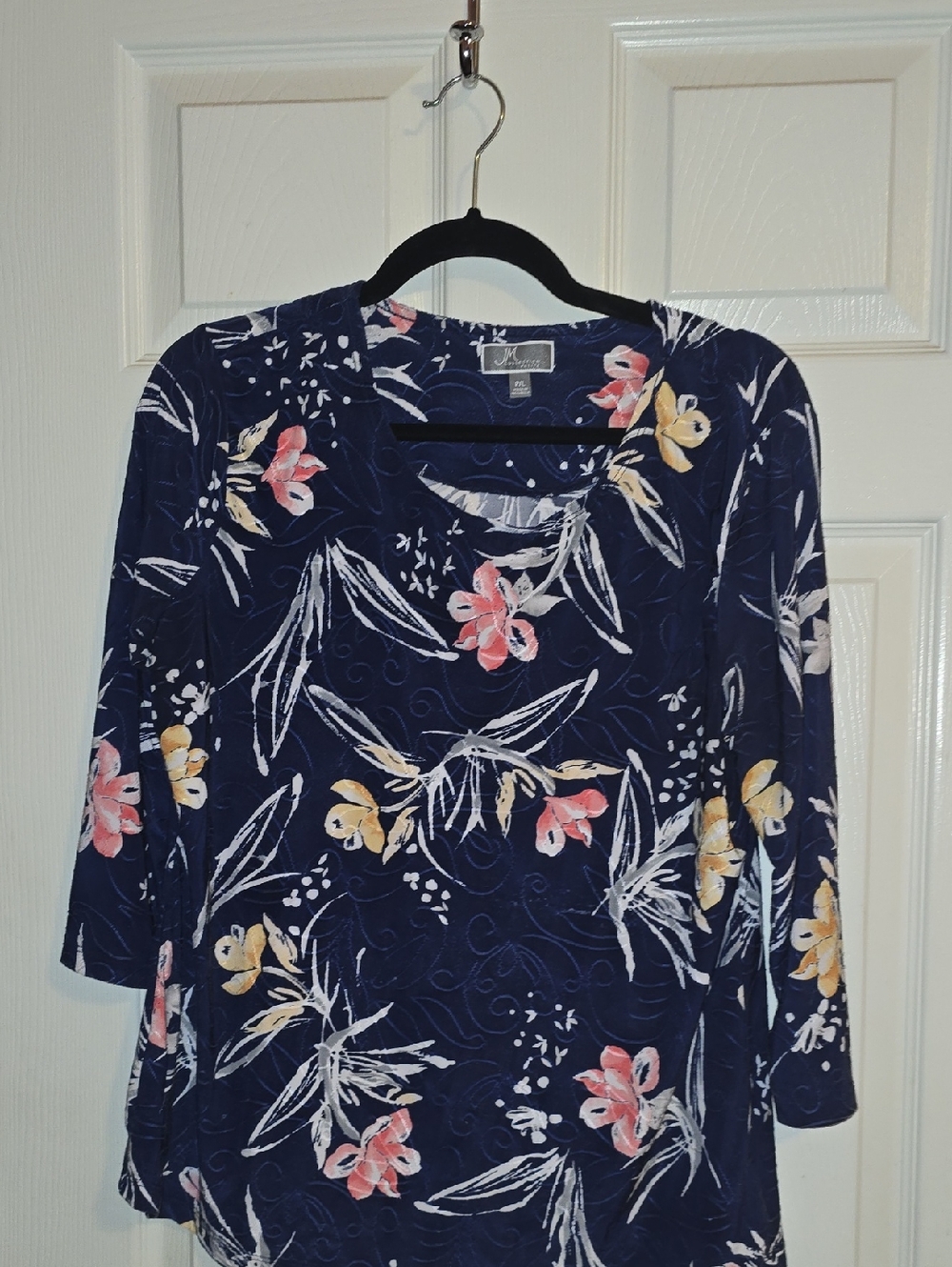 JM Collection Navy Floral Scoop Neck Long Sleeve Top with Pink & Yellow Blooms